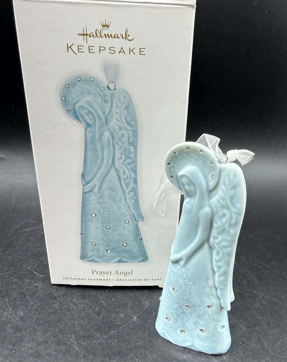 Hallmark Prayer Angel Blue Ceramic Jeweled Christmas Ornament In Box EUC -48D